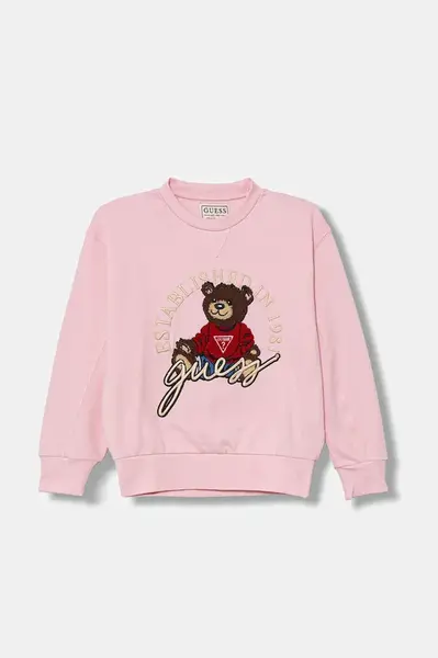 Dětská bavlněná mikina Guess růžová barva, s aplikací, H5YJ00 KAX74