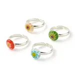 Flower Flat Round Millefiori Glass Adjustable Ring