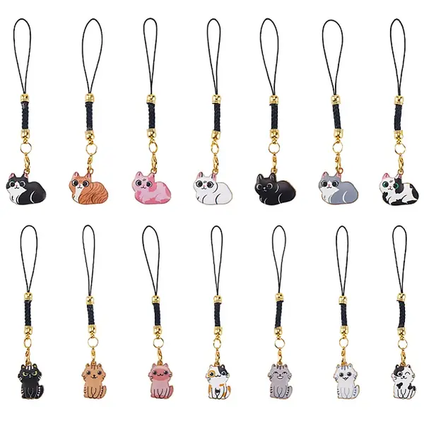 14Pcs Cat Shape Alloy Glass Mobile Straps