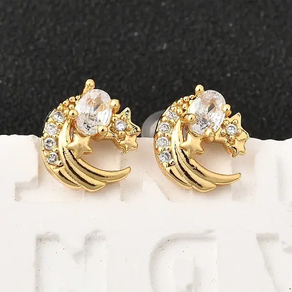 Brass Micro Pave Clear Cubic Zirconia Moon Stud Earrings