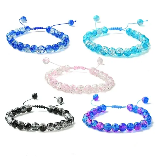 5Pcs 5 Color Glass Round Braided Bead Bracelets Set
