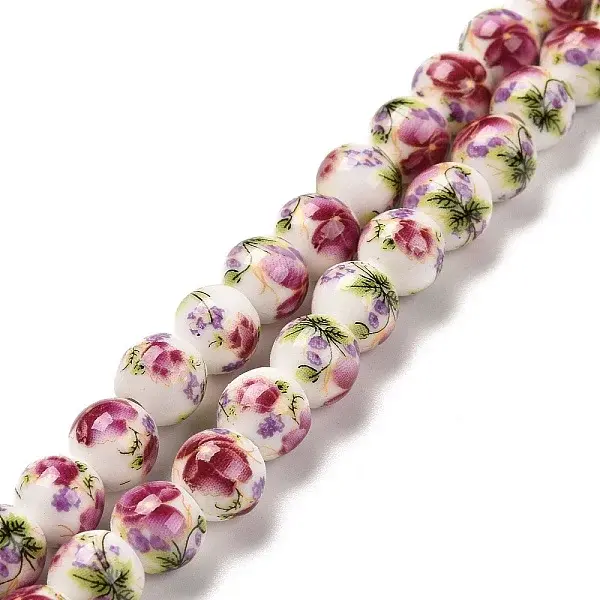Handmade Flower Printed Porcelain Ceramic Beads Strands