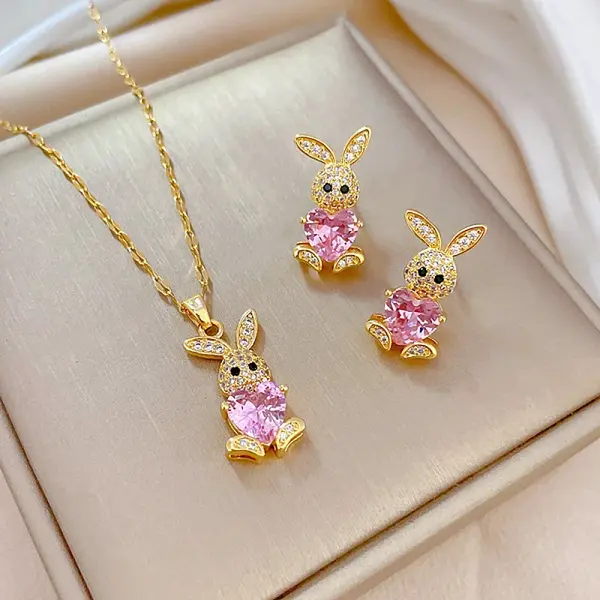 Brass Micro Pave Cubic Zirconia Pendant Necklace & Stud Earrings