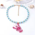 Plastic Pink Lobster Pendant Striped Square Beaded Necklaces with Alloy End Chains