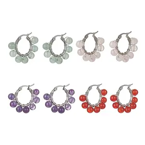 Natural & Synthetic Mixed Gemstone Round Beaded Hoop Earrings