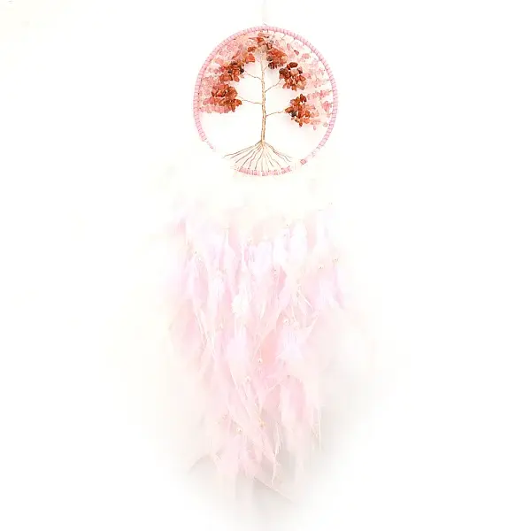 Tree of Life Wrapped Natural Rose Quartz Chips Woven Web/Net with Feather Decorations