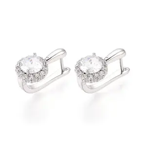 Brass Micro Pave Clear Cubic Zirconia Flat Round Hoop Earrings