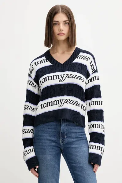 Bavlněný svetr Tommy Jeans dámský, tmavomodrá barva, DW0DW21682
