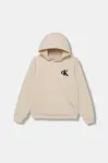 Dětská mikina Calvin Klein Jeans béžová barva, s kapucí, hladká, IB0IB02561