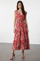 Trendyol Red Ethnic A-Line Double Breasted Neck Viscose Woven Dress
