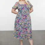 Trendyol Curve Pink Lined Chiffon Floral Square Neck Balloon Sleeve Woven Plus Size Dress