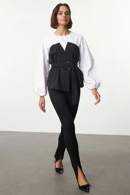 Trendyol Black Balloon Sleeve Belted Woven Blouse