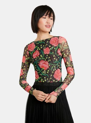 Růžovo-černé dámské květované body Desigual Sally - Dámské