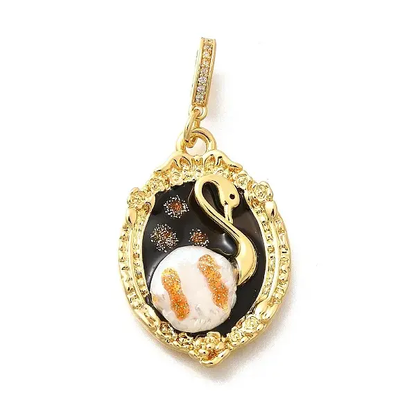 Brass Black Enamel Oval Pendants with Glitter Powder