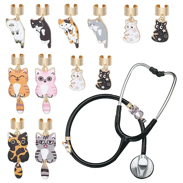 12Pcs 12 Styles Cat Alloy Enamel Stethoscope Pendant Decorations