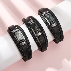 Natural Moss Agate & Braided Microfiber Leather Multi-strand Bracelets for Women Men