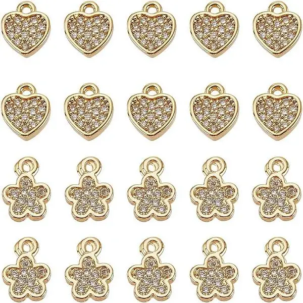 20Pcs 2 Styles Brass Clear Cubic Zirconia Charms