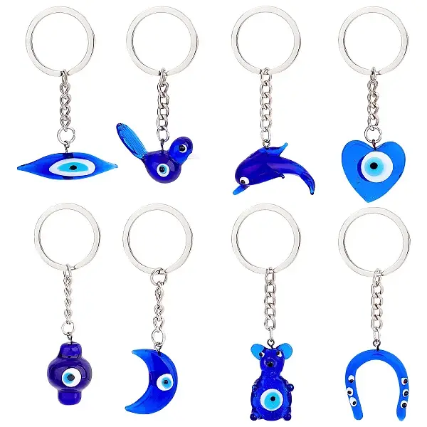 8Pcs 8 Style Glass Keychains