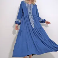 Trend Alaçatı Stili Women's Indigo V-Neck Ethnic Patterned Skirt Flounced Viscose Dress