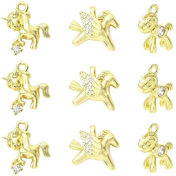 9Pcs 3 Styles Brass Micro Pave Clear Cubic Zirconia Charms