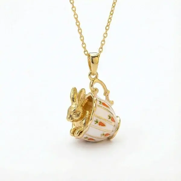 Brass Enamel Cup with Rabbit Fox Pendant Cable Chain Necklaces for Women