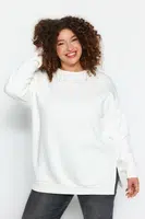 Trendyol Curve Beige Thick Polar Fleece Inside Slit Oversize Knitting Plus Size Sweatshirt