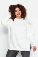 Trendyol Curve Beige Thick Polar Fleece Inside Slit Oversize Knitting Plus Size Sweatshirt