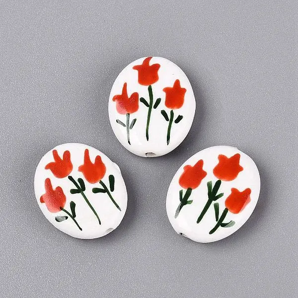 Hand Painted Tulip Flower Oval Porcelain Beads