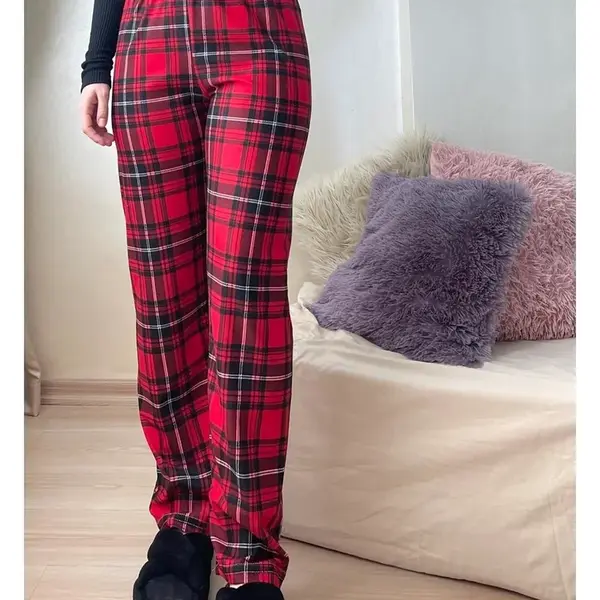 17947 Dewberry Plaid Checkered Cotton Velvet Pyjama Bottoms-RED-BLACK