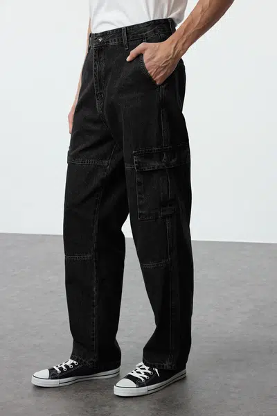 Trendyol Black 100% Cotton Baggy Fit Cargo Loose Jeans Trousers Jeans
