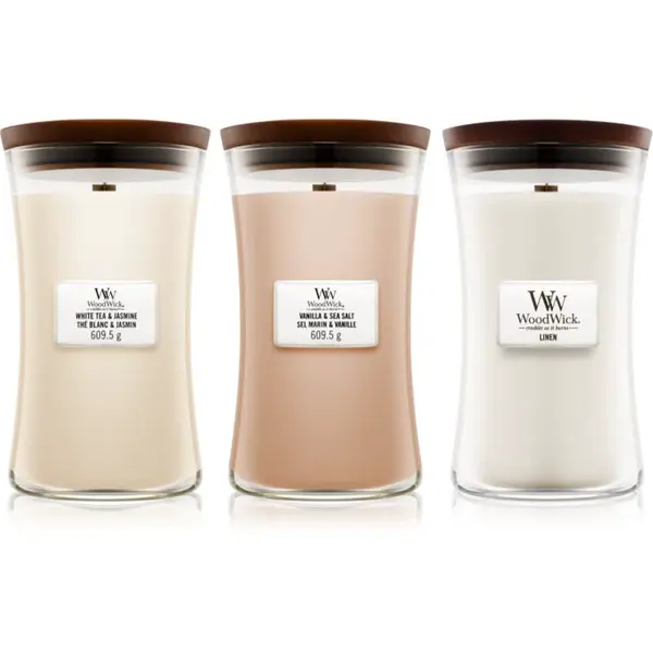 Woodwick Linen, Tea & Sea Salt set dárková sada