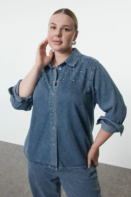 Trendyol Curve Light Blue Stoned Plus Size Denim Shirt