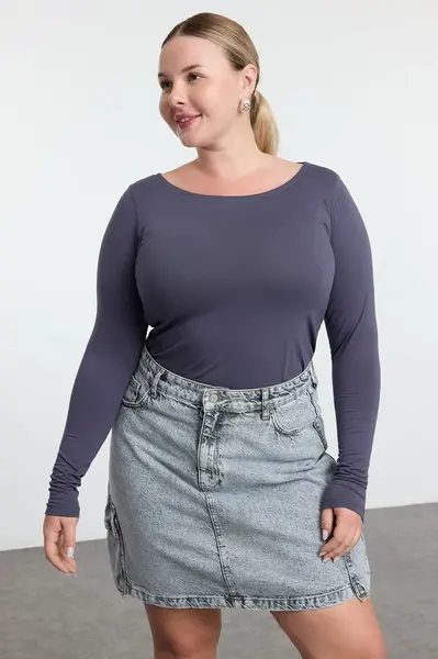 Trendyol Curve Grey 100% Cotton Fitted Long Sleeve Plus Size T-shirt
