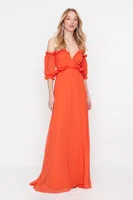 Trendyol Pomegranate Flower A-Cut Lined Woven Chiffon Long Elegant Evening Dress