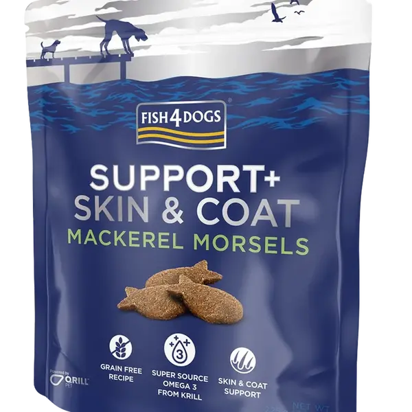 FISH4DOGS Support+ Skin & Coat, Pamlsky pro psy na podporu srsti s kousky makrely 225 g