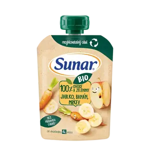SUNAR BIO ovocná kapsička jablko, banán, mrkev 4m+ 100 g