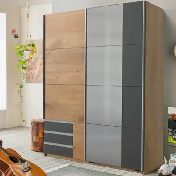 Šatní skříň se zrcadlem Emden, 135 cm, prkenný dub/grafit