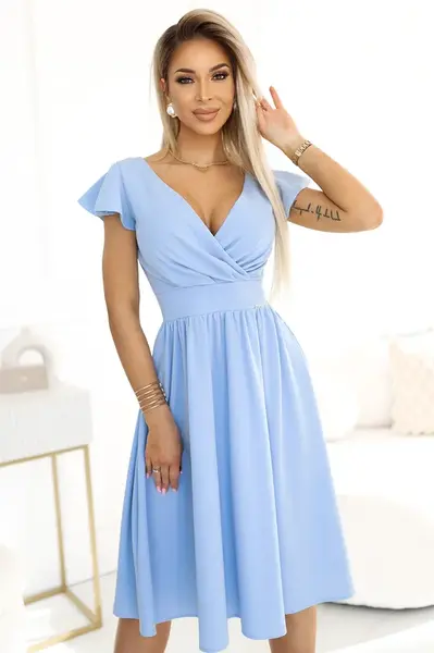 425-12 MATILDE Dress with a neckline and short sleeves - light blue