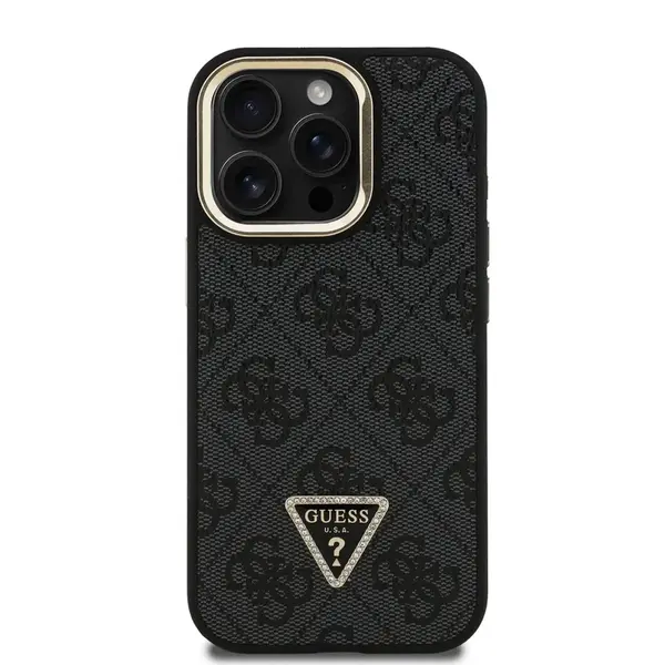 Zadní kryt Guess PU 4G Strass Triangle Logo Stand Camera Frame MagSafe Zadní pro Apple iPhone 15 Pro, černá