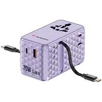 Verbatim 30188, Cestovní adaptér univerzální Charge ,n, Travel 1x USB-C, 1X USB-A + 2x integrovaný kabel USB-C, fialová, 70 W