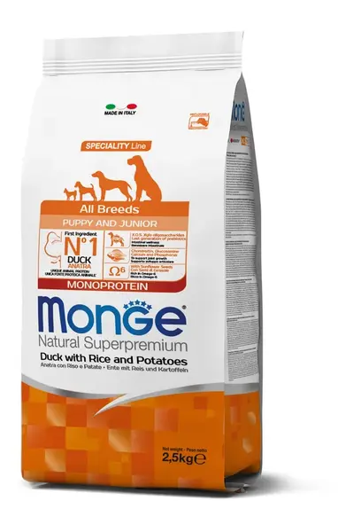 Monge Speciality Line All Breeds Puppy & Junior Monoprotein suché krmivo pre psov - kačacie, ryža a zemiaky 2,5 kg