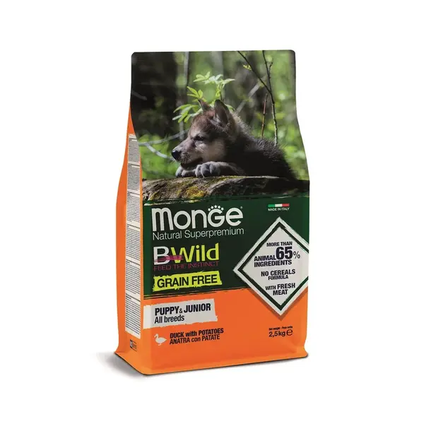 Monge BWild Grain Free Puppy & Junior All Breeds - kachna s bramborem 2,5 kg