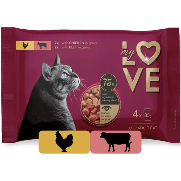 My Love SET kapsičky pre mačky s kuracím a hovädzím mäsom v omáčke 4 x 85 g (4204)