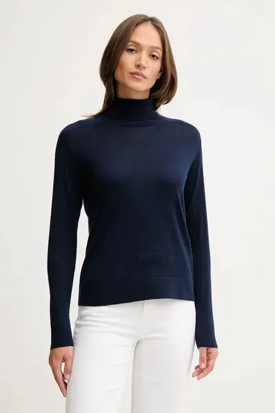 Vlněný svetr United Colors of Benetton dámský, tmavomodrá barva, s golfem, 11AHD203Y