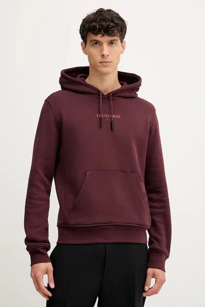 Bavlněná mikina Trussardi pánská, vínová barva, s kapucí, s potiskem, G8108000056N