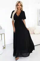 545-5 Long dress with pleated neckline and tie - black