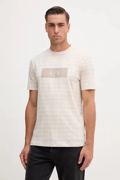 Bavlněné tričko Armani Exchange pánské, béžová barva, s potiskem, XM001902 AF10356