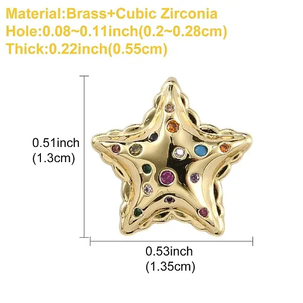1Pc Star Brass Micro Pave Colorful Cubic Zirconia Charms