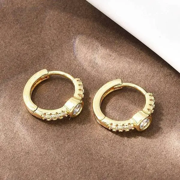 Flat Round Brass Micro Pave Clear Cubic Zirconia Hoop Earrings