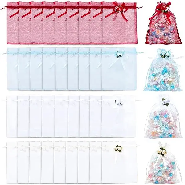 40Pcs 4 Colors 3D Flower Organza Drawstring Bags